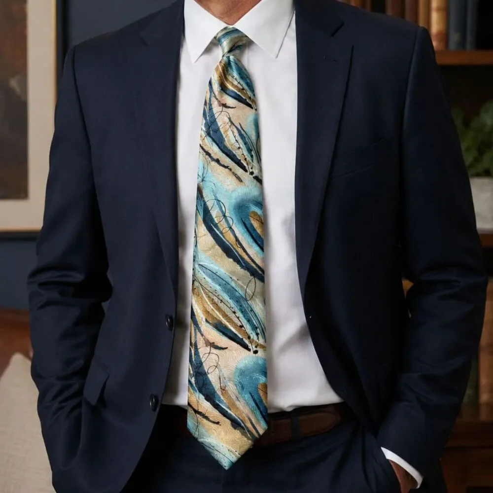 J. Garcia Extra Long 100% Silk Abstract Blue Gold Men's Neck Tie Clockworks